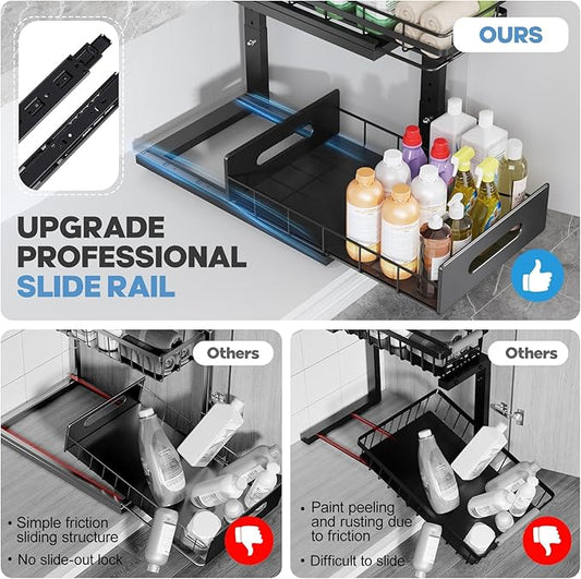 2 Pack Under Sink Organizer Upgrade To Professional Rails,2-Tier Dual Pull Out Cabinet Storage,Height Adjustable Slide Out Drawers For Bathroom Kitchen,Under Sink Shelf (Patent Registered)