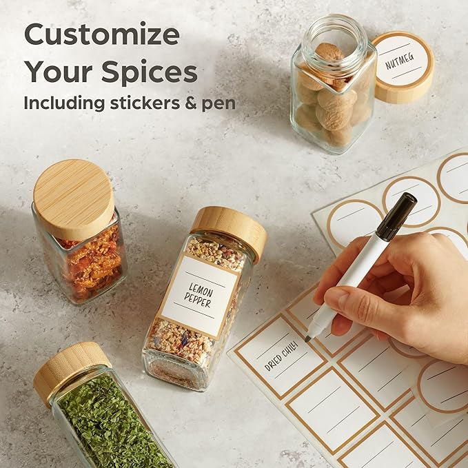 12Pcs Glass Spice Jars with Label - Square Spice Containers 4 oz - Includes Cleaning Brush & Wooden Spoon - Seasoning Jars