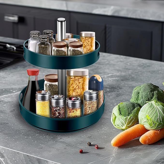 Rack Lazy Susan Organizer, 2 Tier Height Adjustable Rotating Lazy Turntable Organization for Cabinet Kitchen Table Pantry Countertop Refrigerator Cupboard Storage(Green, 12 inch)