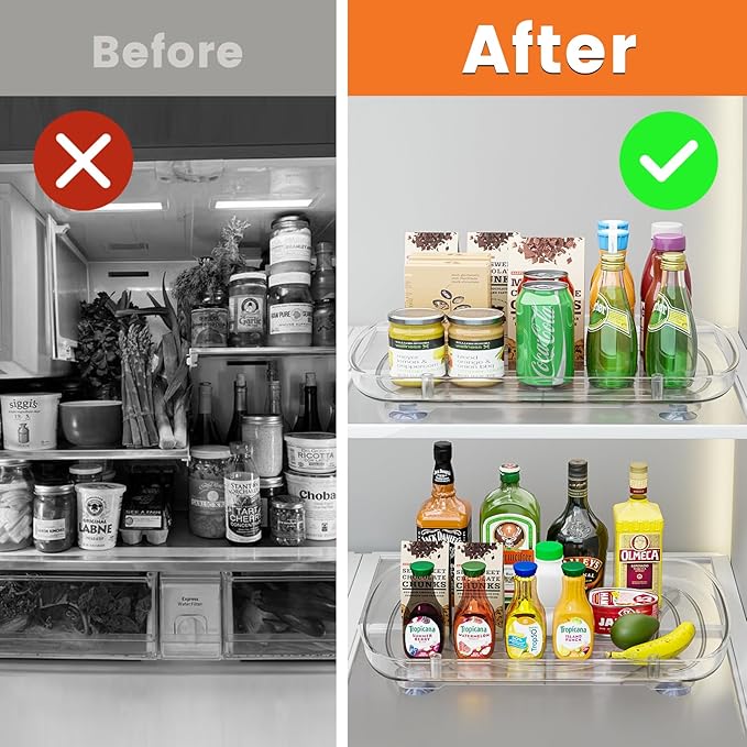 Clear Lazy Susan for Refrigerator Rectangular Fridge Turntable Organizers and Storage Pull Out & 360° Rotating for Cabinet Pantry Kitchen Table Bathroom (2-Pack 13.7"x10.2")