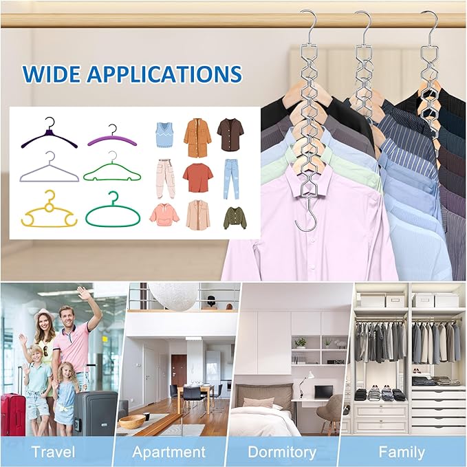12 Pack Space Saving Hangers for Clothes, Heavy Duty 30Lbs Capacity Magic Collapsible Clothes Space Saver Metal Hanger Organizer with 360° Swivel Hook, Closet Organizers Storage Dorm Essentials Silver