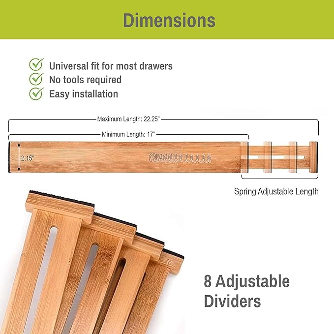 Homemaid Living Bamboo Drawer Dividers Adjustable & Expandable, Kitchen Drawer Organizer, Ideal for Silverware, Dresser Drawer Organizer or Bedroom & Bathroom Drawers Organizers (8pk)