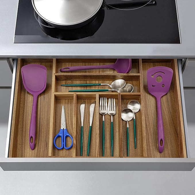 Utoplike Acacia Silverware Drawer Organizer for Cutlery, Adjustable Kitchen Utensil Drawers Organizers, Expandable Wooden Flatware Caddy, Dividers for Knives, Forks, Spoons, 6-8 Slots