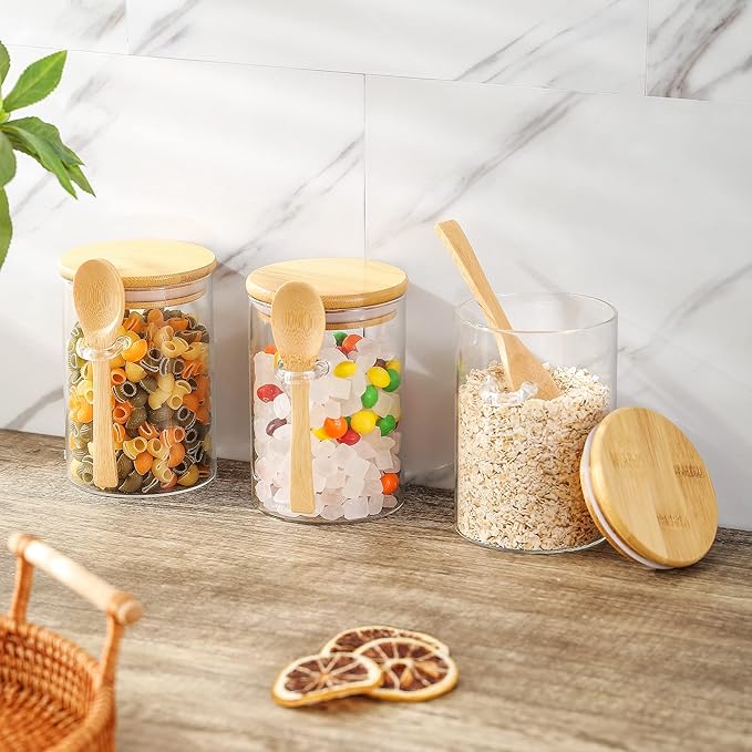 Set of 3 Airtight Glass Jars with Bamboo Lids and Spoon,17 oz Classy Canisters with Spoon,Glass Food Jars with Spoon for Coffee Beans,Tea,Flour,Sugar,Nuts,Candy