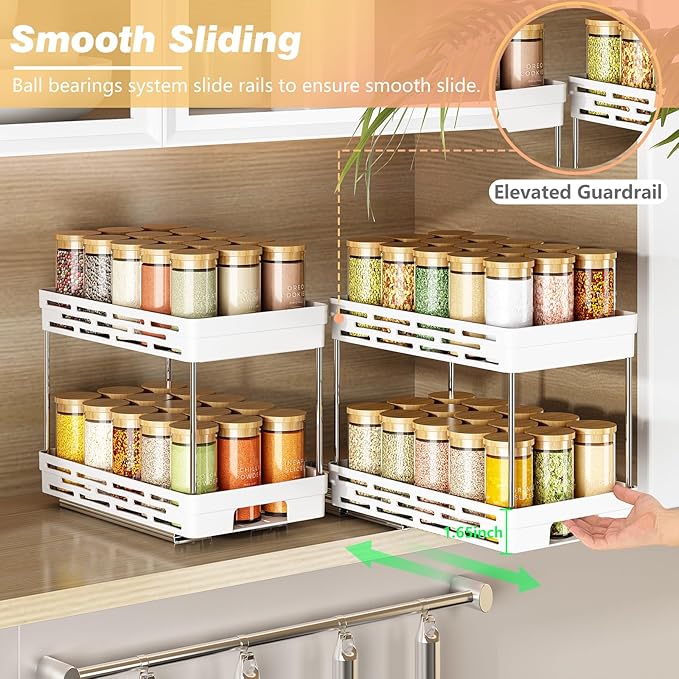 Pull Out Spice Rack Organizer for Cabinet, 2 Pack Widen Slide Out Spice Racks Organizer, Easy to Install Durable Spice Cabinet Organizers, 6.4''Wx10.4''Dx8''H, Each Tier Hold 15 Spice Jars - 2 Tier