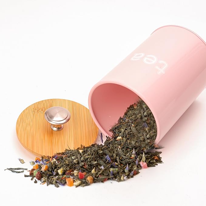 3PCS Pink Kitchen Canister Set 6.1" x 3.7" Matte Condiment Pot Metal Tin Jar Container with Bamboo Airtight Lid to Store Dry Food Spices Coffee Tea Sugar Storage Accessories for Bar Counter Farm House