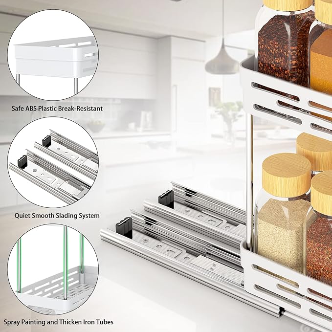 2-Pack Pull-Out Spice Rack Organizer for Cabinet, Slide-Out Rack, Easy to Install, 4.4"W x 10.5"D x 8"H, Holds 10 Spice Jars Each - 2 Tier, White
