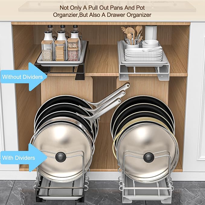 Pull Out Pots And Pans Organizer Under Cabinet,Pot Organizers Inside Cabinet,Pot Lid Holders & Pan Rack With Drain Tray,10 Adjustable Dividers(Black)