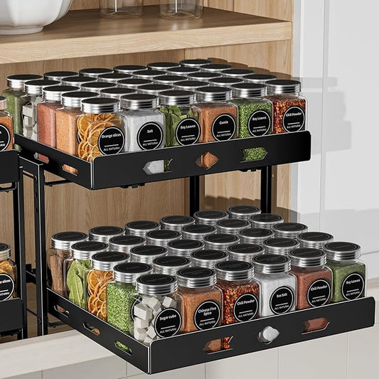 spice organization for cabinet, 2-Tier Cabinet Spice Rack Organizer, Height Adjustable Vertical Spice Rack for Kitchen Cabinet (14.1''Wx10.8''Dx9.2''H, Metal Black)