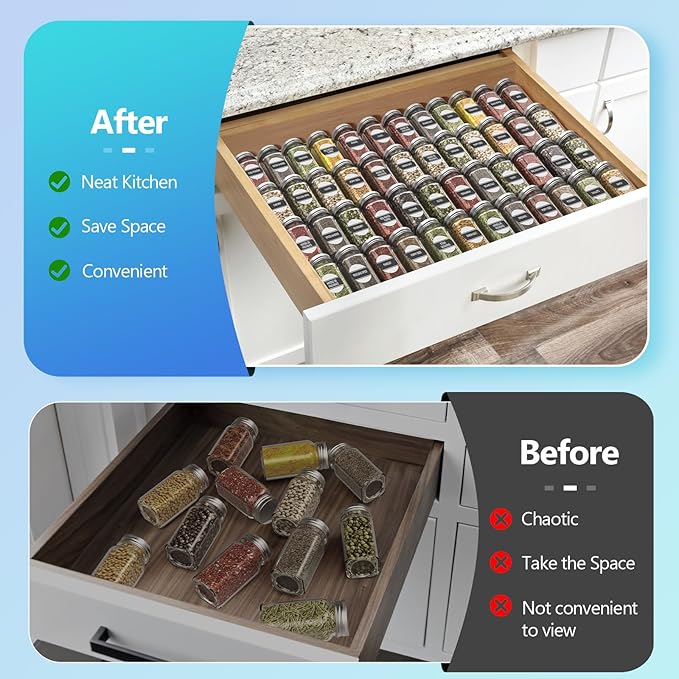 Spice Drawer Organizer, Spice Rack Drawer for Kitchen, 4 Tier Clear Acrylic，Expandable From 13" to 26" Spice Rack Tray for Cabinet/Countertop (8 Pcs Clear)