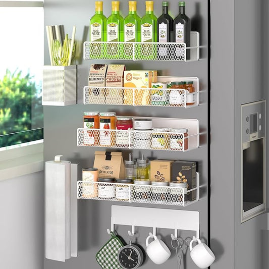 7 Pack Metal Spice Rack for Refrigerator, Moveable Organizer with Hook Rack, Paper Towel Holder, Strong Magnetic Storage