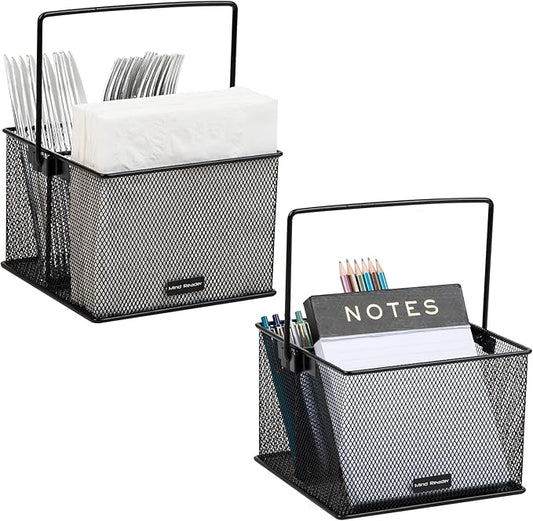 Mind Reader Utensil Holder, Silverware Organizer, Caddy, Kitchen, Metal Mesh, 7"L x 7"W x 5"H, Set of 2, Black