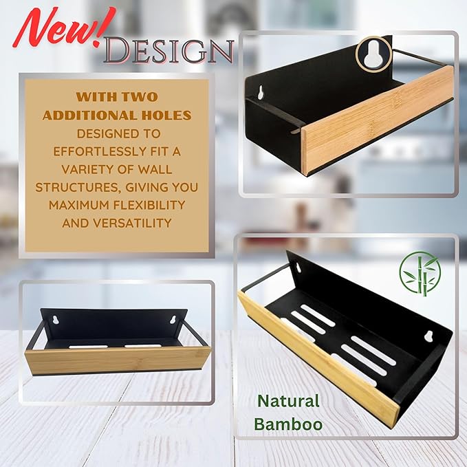 4 | 3 Pack Magnetic Spice Storage Rack Organizer for Refrigerator and Oven, Black Fridge Storage, Magnetic Shelf, Spice Rack Organizer, Metal-Bamboo