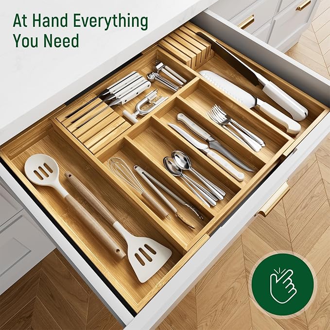 Emojoy Silverware Storage,Carbonized Bamboo Cutlery Storage Organizer, Expandable Cutlery Rack, 7 Slots, Perfect for Storing Cutlery and Kitchen Utensils with Removable Knife Holder