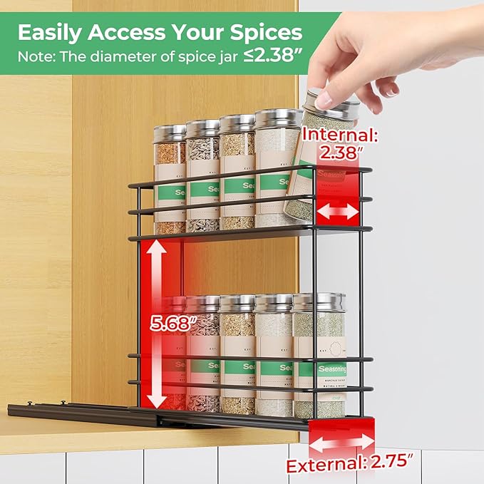 Pull Out Spice Rack Organizer for Cabinet, Slide Out Spice Racks, Easy to Install Spice Cabinet Organizer, 2.75''Wx10.35''Dx8.26''H, 1 Drawers 2 Tiers（Black）