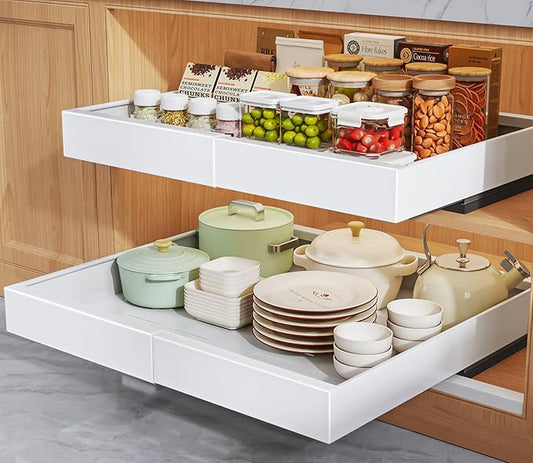 1 Pack Pull Out Cabinet Organizers 21" Deep,Expandable Slide Out Drawers Upgrade 3 Slide Rails,Roll Out Shelves Adhesive,Adjustable Width 12"-20.45" White