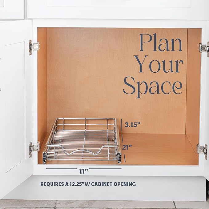 HOLDN' STORAGE Pull Out Cabinet Organizer, Heavy Duty Caddy w/Lifetime Limited Warranty -11”W x 21”D - Requires At Least 12-1/4” Cabinet Opening, Steel Metal Cabinet Drawers Slide Out, Chrome