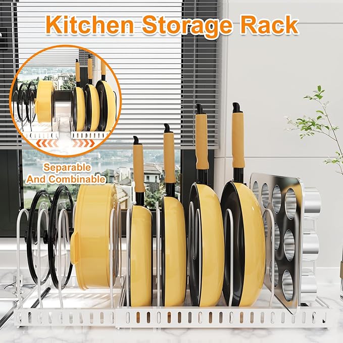 Pot And Pan Organizer Under Cabinet, Expandable Pans and Pots Organizer Rack Pot Lid Holder Shelf with 12 Different Size Dividers (12 Brackets-White)