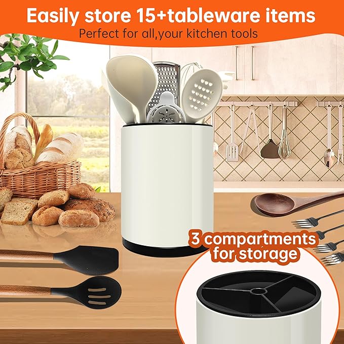Stainless 360° Rotating Kitchen Utensil Holder,Large Counter Utensil Caddy, Cooking Spoon Stand Spatula Cutlery Metal Utensil Canister Tool Silverware Holder Rack For Countertop (Off-white)