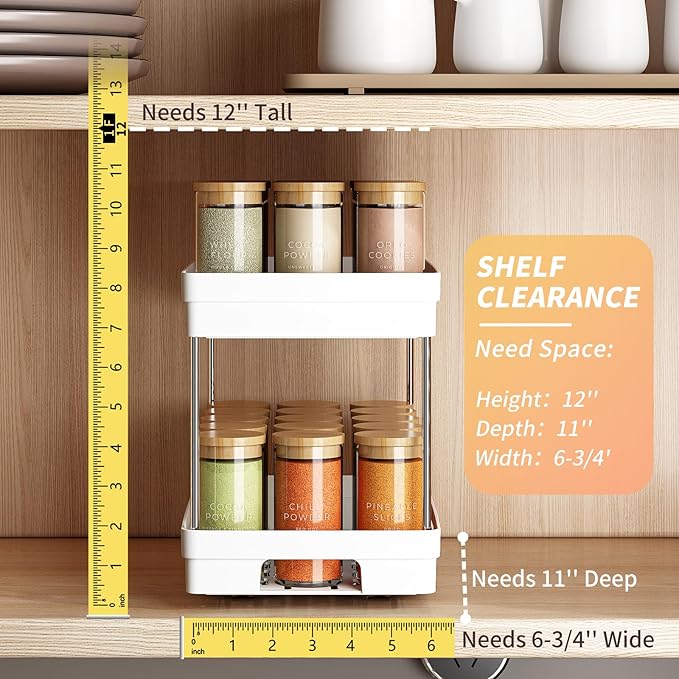 Pull Out Spice Rack Organizer for Cabinet, 2 Pack Widen Slide Out Spice Racks Organizer, Easy to Install Durable Spice Cabinet Organizers, 6.4''Wx10.4''Dx8''H, Each Tier Hold 15 Spice Jars - 2 Tier