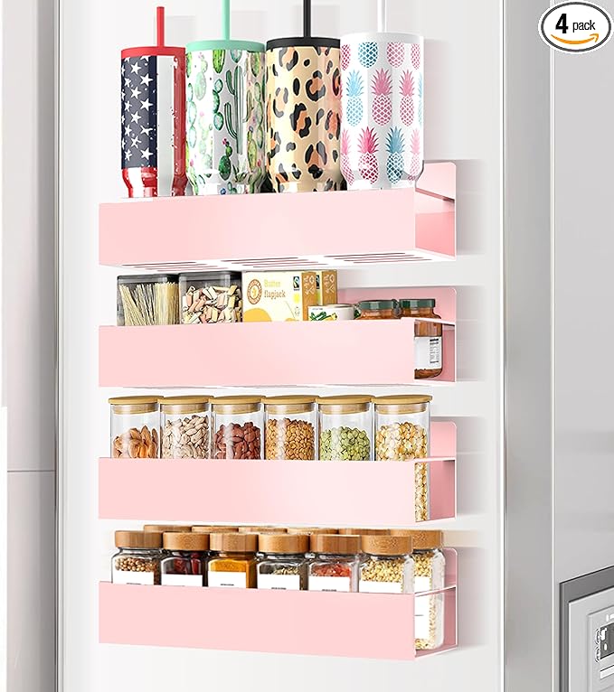 Magnetic Spice Rack Organizer for Fridge Seasoning Organizer for Kitchen storage with Screw or Adhesive Hanging,Magnetic Shelf with Hook for Refrigerator and Oven (Pink, 4pack)