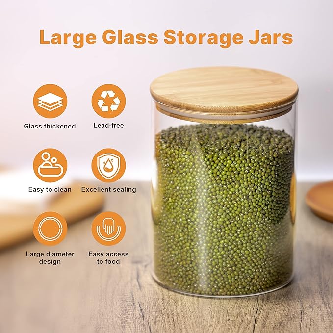 Glass Storage Jars,2 PACK -108oz/3200ml Clear Glass Food Storage Containers with Airtight Bamboo Lid Stackable Kitchen Canisters for Candy,Cookie,Rice,Sugar,Flour,Pasta,Nuts and Spice Jars