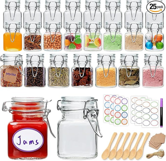 Brajttt 4 oz Spice Jars with Labels,25 Pack Small Glass Jars with Lids,Small Glass Containers with Airtight Hinged Lid for Home Kitchen, Arts & Crafts Projects, Spices, Decoration, Snack Foods