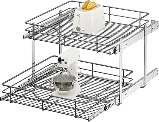 ALINE FURNITURE 2-Tier Pull Out Cabinet Organizer - 23" W x 22" D Soft Close Pullout Shelves for Kitchen Cabinets - Slide Out Drawers, Heavy Duty Steel Wire