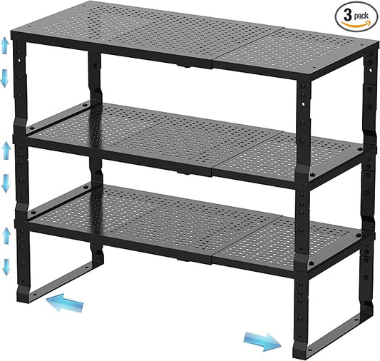 Expandable Spice Rack & Kitchen Cabinet Organizer - Stackable, Adjustable Shelves for Cabinets, Countertops, Cupboards & Pantries(3 Packs/Large/Black)