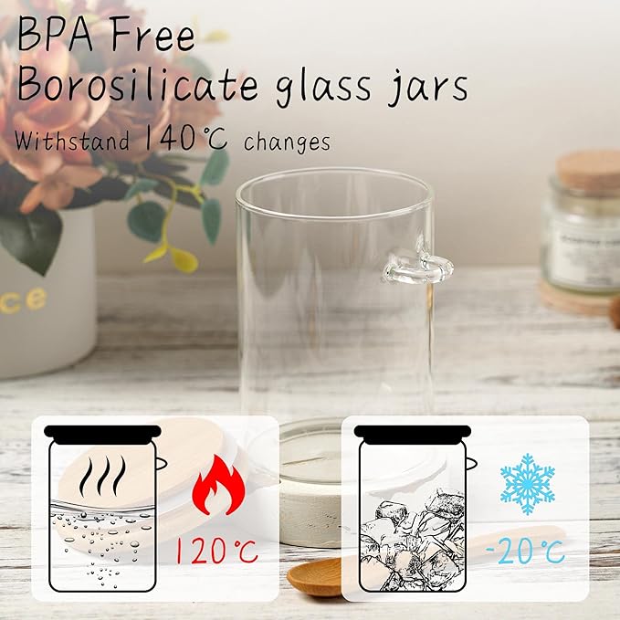 Glass Sugar Container with Spoon - 1 Pack 15oz Glass Jars with Bamboo Lid and Spoon, Bamboo Lid Storage Jar Containers for Coffee Beans, Spice, Brown Sugar, Tea, Flour, Nuts, Candy, Salts and More