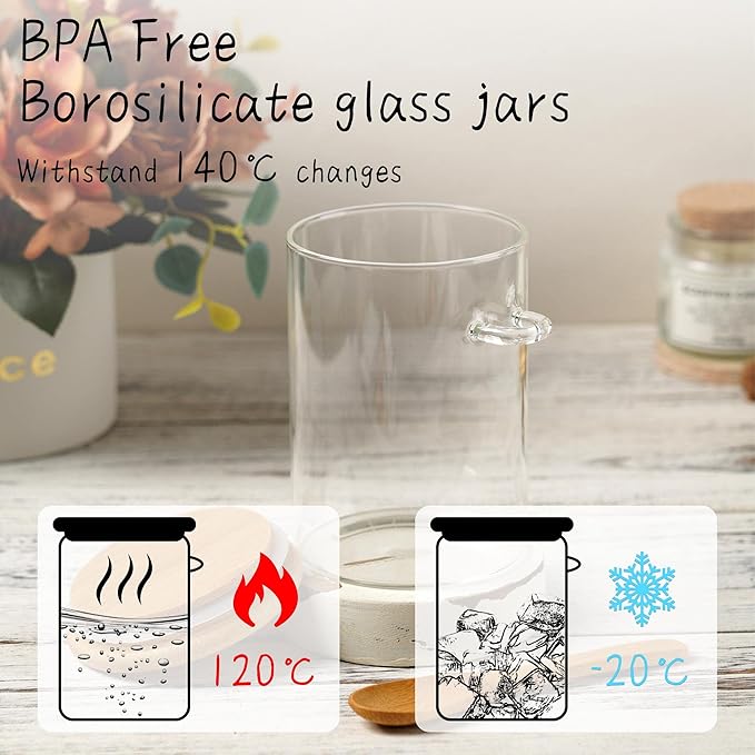 Glass Sugar Container with Spoon - 4 Pack 15oz Glass Jars with Bamboo Lid and Spoon, Bamboo Lid Storage Jar Containers for Coffee Beans, Spice, Brown Sugar, Tea, Flour, Nuts, Candy, Salts and More
