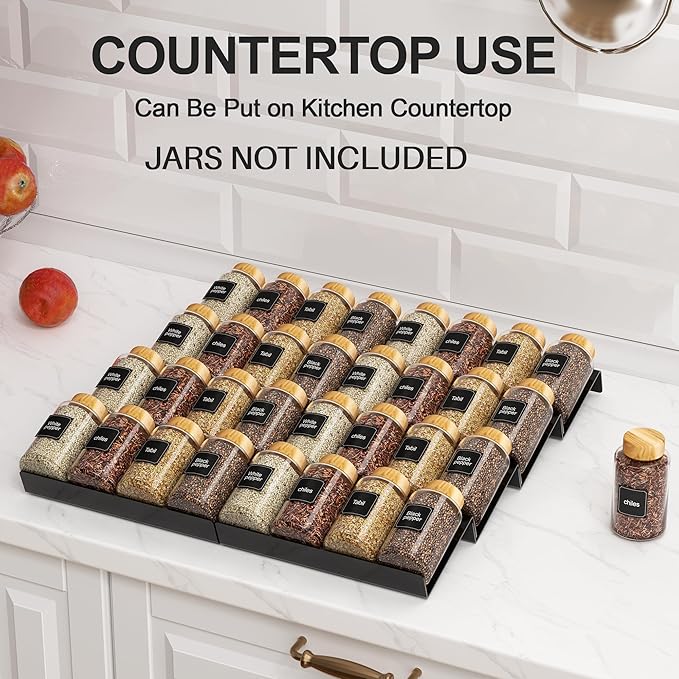 Spice Drawer Organizer Black (Jars Not Included) - 5 Tier Acrylic Seasoning Drawer Organizer - Kitchen Spice Rack for Drawer, Cabinet, Countertop - Expandable From 9'' to17.5 In''