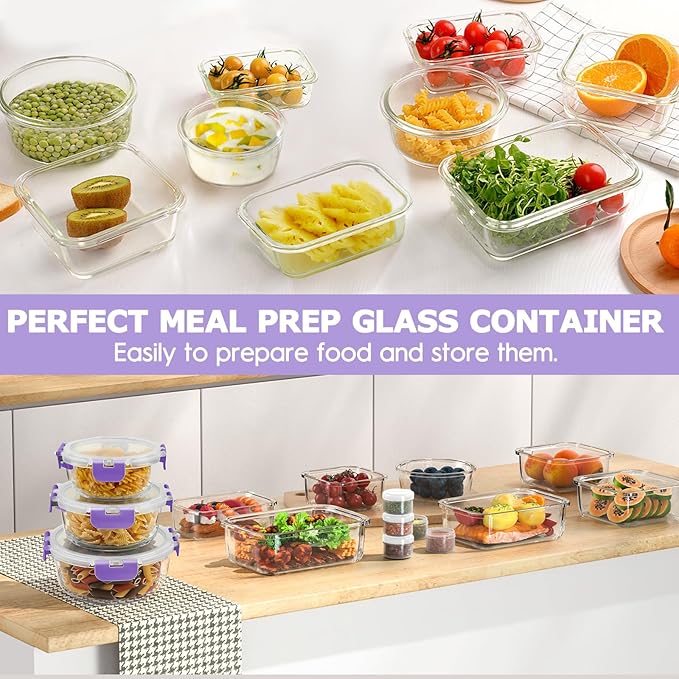 34pcs Glass Food Storage Containers with Lids Set, Airtight Glass Meal Prep Containers (17 Containers & 17 Lids), Leak Proof Lunch Containers BPA-Free, Microwave, Oven, Freezer, Dishwasher Safe-Purple