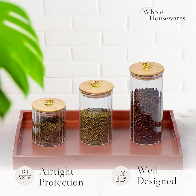 WHOLE HOUSEWARES Glass Storage Jars with Airtight Bamboo Lid and Metal Ring Handle - Set of 3 - Lead-Free High Borosilicate Glass - BPA Free - Dishwasher Safe - Transparent
