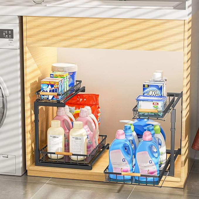 Delamu Under Sink Organizer, Pull Out Cabinet Organizer, Slide Out Under Sink Storage Shelf, Undersink Organizers Shelves for Kitchen Bathroom Pantry