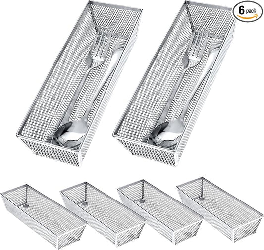 6 Pack Silverware Organizer, Mesh Small Utensil Drawer Organizer Silverware Holder for Kitchen Drawer, Metal Narrow Cutlery Drawer Organizer for Flatware, Knives, Spoons Storage 3x9x2 Inch