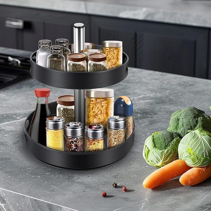 Spice Rack Lazy Susan Organizer, 2 Tier Height Adjustable Rotating Lazy Turntable Organization for Cabinet Kitchen Table Pantry Countertop Refrigerator Cupboard Storage(Black, 12 inch)