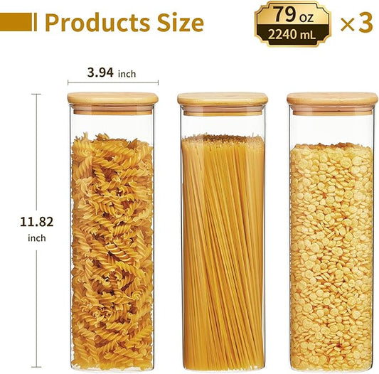 Square Glass Food Storage Jars with Lids[Set of 3], Perfect for Pasta, Cookies, Nuts, Coffee, Cereal, Flour, Organize Your Kitchen and Pantry with these BPA-Free Glass Jars with Canisters