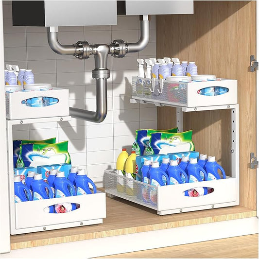 2 Pack Large Under Sink Organizer, 2 Tier Metal Pull Out Under Sink Storage with Sliding Mesh Drawers, Height Adjustable Slide Out Under Cabinet Organizer for Kitchen Bathroom, White