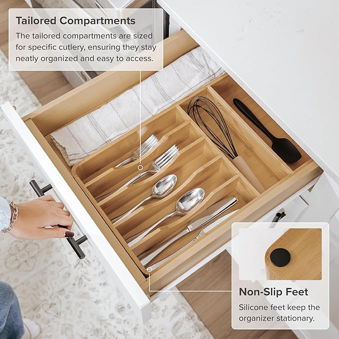 Silverware Organizer - Cutlery, Flatware, and Utensil Holder for Kitchen Drawers, Fixed 10.5” Width, 7 Storage Compartments, Non-Slip Feet, Rounded Corners, 100% Bamboo