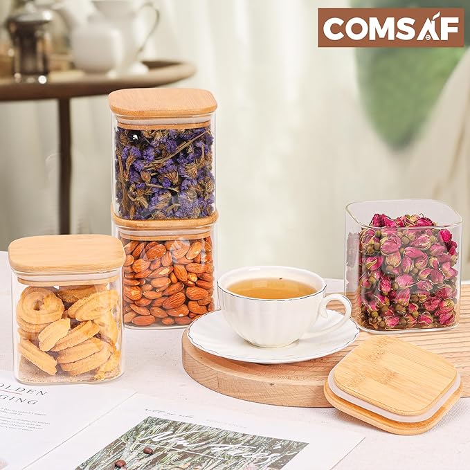 ComSaf 24oz Glass Food Storage Jars Set of 4, Clear Glass Storage Containers with Lids, Pantry Organization Jar, Spice Jar, Blooming Tea, Coffee and Sugar Container, Small Canister Set for Kitchen