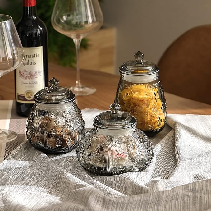 Vintage Crystal Relief Glass Candy Dish With Airtight Lid For Food Storage,Candy Jars With Lids,Kitchen Glass Container Jars For Cookie Cereal Nuts Candy Cookies Coffee Tea,Household,Office,Gift, Gray