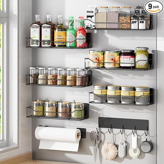 Magnetic Spice Rack for Refrigerator, 9 Pack Magnetic Fridge Shelves W/Adjustable Paper Towel Holder, Hook Rack, Moveable Spice Organizer Shelf for Kitchen Organization and Storage (Black)