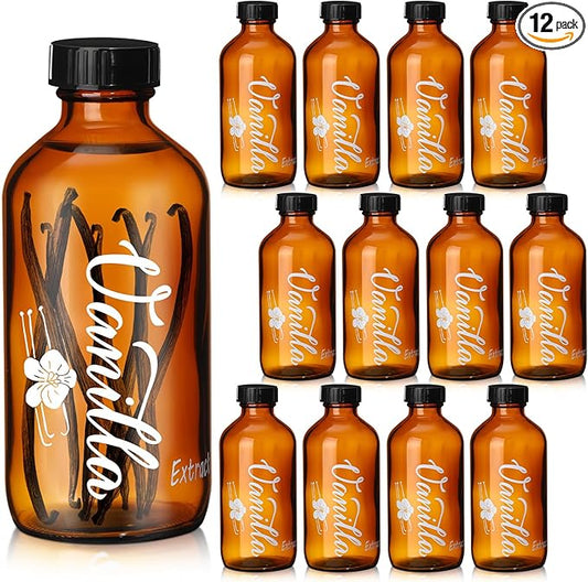 Uiifan 12 Pack 4 oz Amber Glass Bottle Boston Round Bottles with Caps Brown Vanilla Extract Bottles High Temperature Screen Printing for Syrup Gift Glass Food Storage Canister Set Sauce Beans