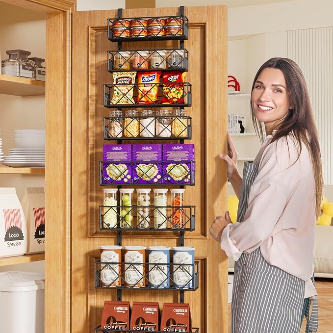 Over the Door Pantry Organizer 8-Tier Adjustable Baskets Hanging Spice Door Rack Narrow - 13.78" W x 65.16" H Behind the Door Storage for Kitchen, Bathroom, and Closet Organization- Black