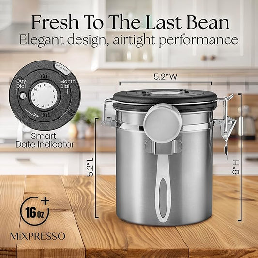 Mixpresso 16 Oz Coffee Canister with Scoop Stainless Steel Airtight Coffee Container, Ground Coffee Bean Storage with Date Tracker, Vacuum Sealed Espresso Airtight Container Coffee Jar Sugar Container