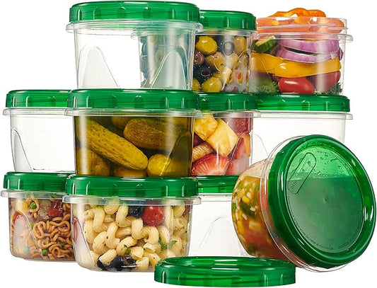 PLASTICPRO 12 Pack Twist Cap Food Storage Containers with Green Screw on Lid- 16 oz Reusable Meal Prep Containers - Freezer and Microwave Safe Green Plastic Food Storage