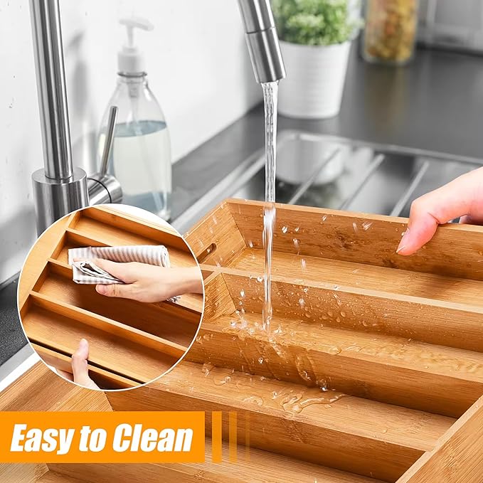 Bamboo Silverware Cutlery Drawer Organizer with Knife Blocks -Expandable Drawer Organizer with Dividers for Kitchen Utensil & Flatware Organizer (7 Slots)