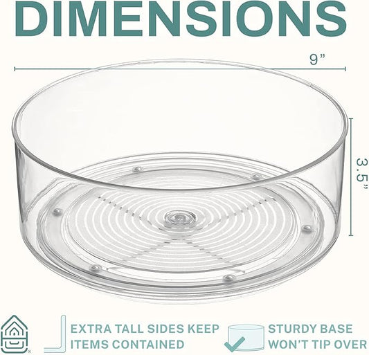 Home Intuition Round Plastic Clear Lazy Susan Turntable Food Storage Container for Kitchen (9" Round, 2 Pack)