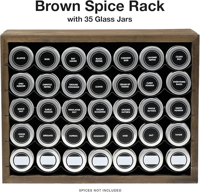 Excello Global Products Hanging Spice Rack - Includes 35 Glass Spice Jars and Accessories (Brown)